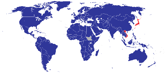 ベトナムと外交関係を有する諸国の一覧図。